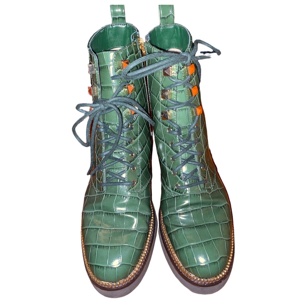 Michael Kors Haskell croc embossed leather bootie, combat boots, moss green, 9.5 - Picture 10 of 15